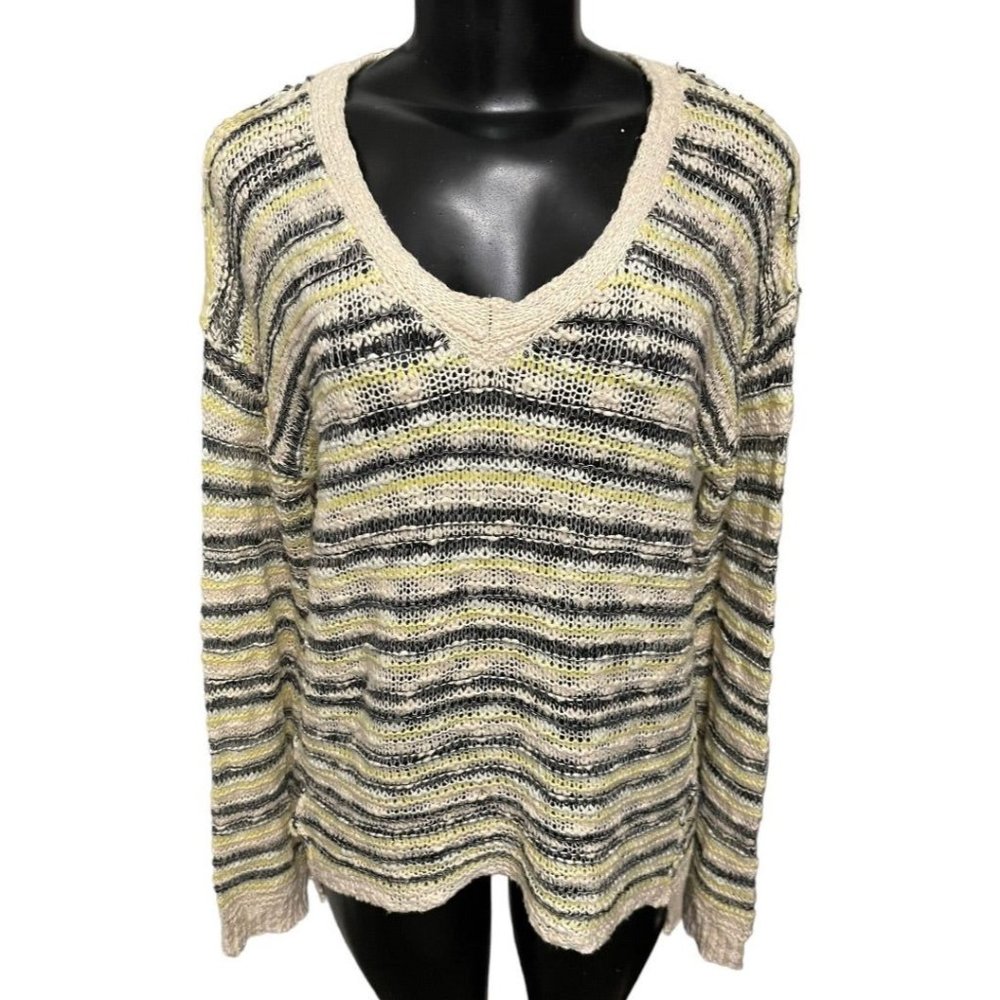 Medium Vintage Havana Loose Knit Yellow Gray Striped Sweater V-Neck